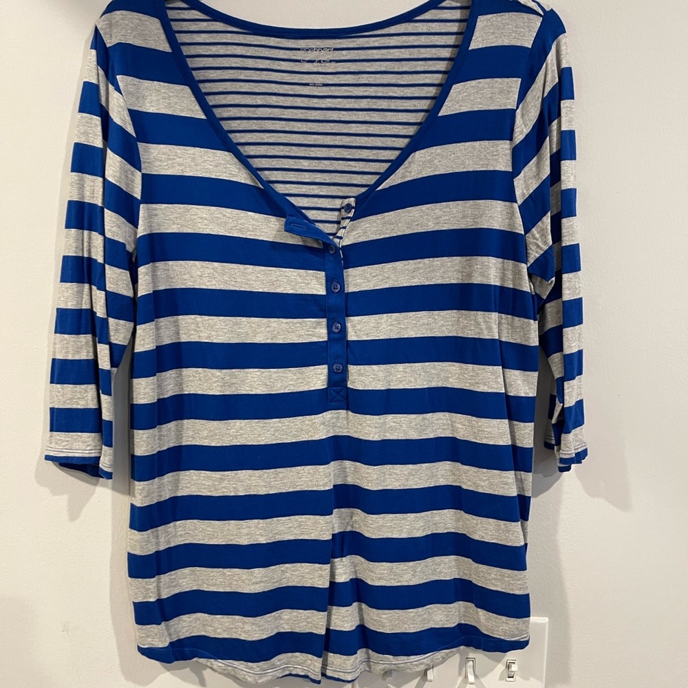 Lane Bryant Striped Blue and Gray Button Down Top